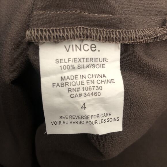 VINCE 100% Silk Tunic Top Women's Sz 4 Brown Long Sleeve Popover V-Neck Luxury - Picture 5 of 12